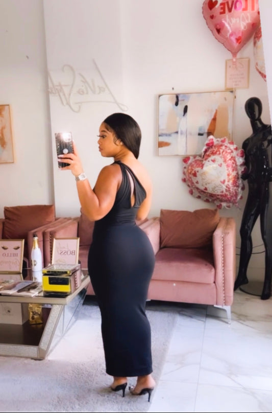 Lara black half shoulder dress