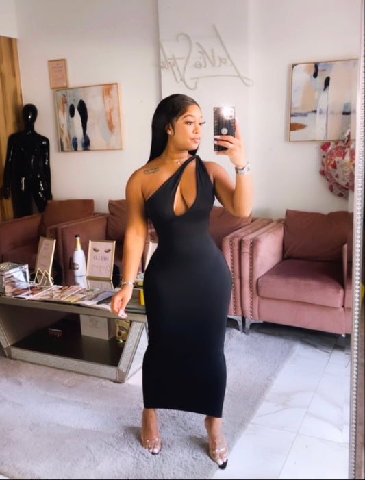 Lara black half shoulder dress